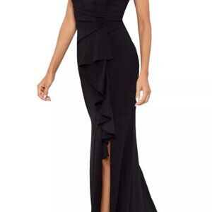 Betsy & Adam Women's Long Sleeveless Boat Neck Ruffle Side Slit Scuba Crepe Gown